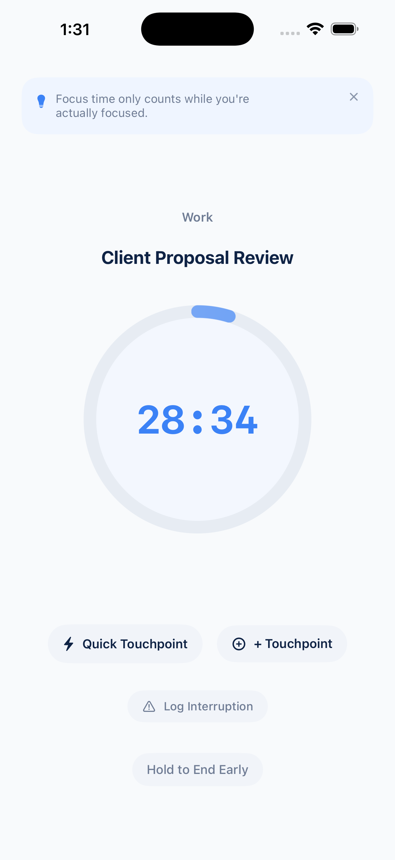Show Up Anyways: Focus timer running, 28:34 remaining, Work / Client Proposal Review
